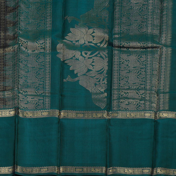 Hayagrivas Black Handloom Kanjivaram Silk Saree with Teal Blue Border BBD1308L19-1