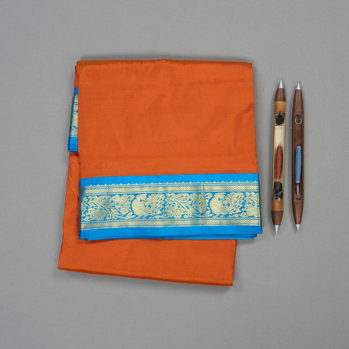 Hayagrivas Handloom Kanjivaram Nine yards silk saree in Rust orange with sea blue BBD1309L3-5