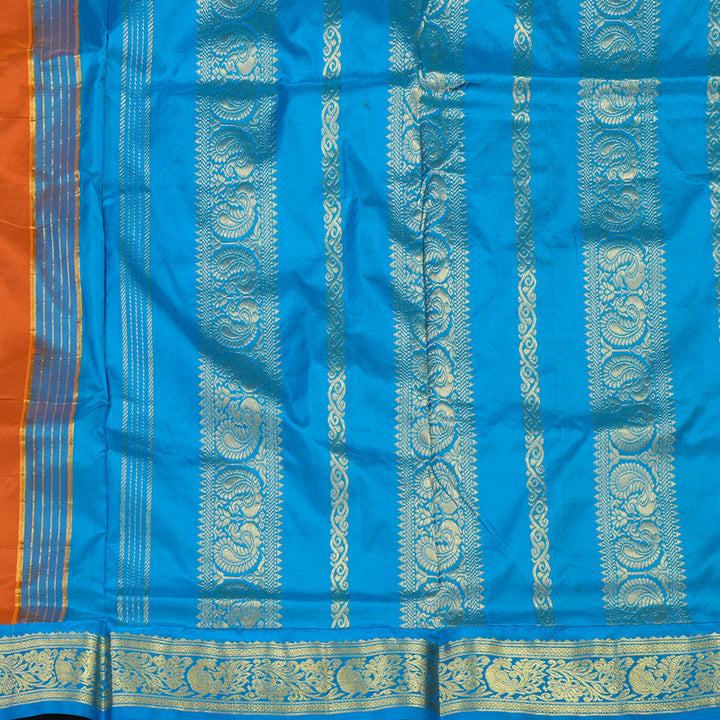 Hayagrivas Handloom Kanjivaram Nine yards silk saree in Rust orange with sea blue BBD1309L3-5