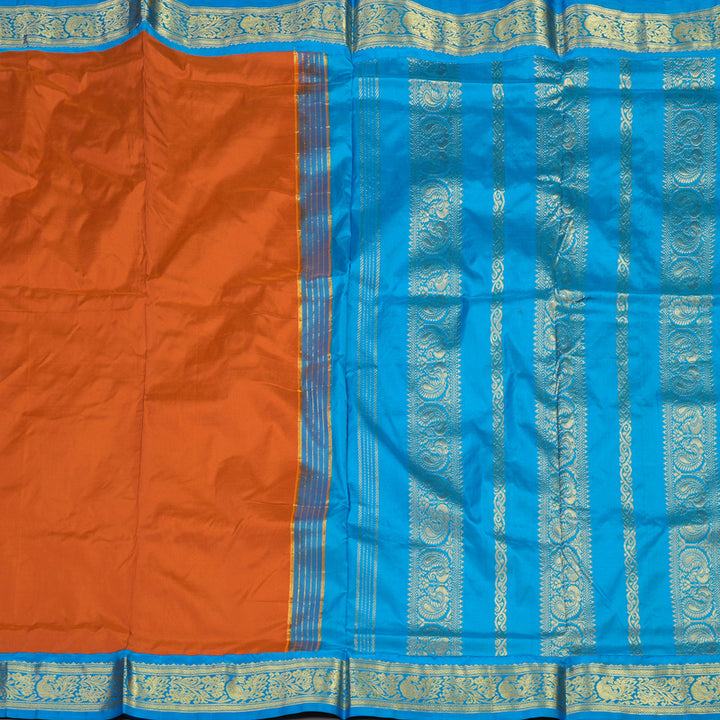 Hayagrivas Handloom Kanjivaram Nine yards silk saree in Rust orange with sea blue BBD1309L3-5