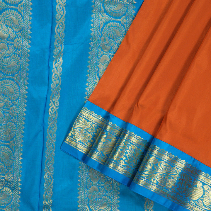 Hayagrivas Handloom Kanjivaram Nine yards silk saree in Rust orange with sea blue BBD1309L3-5