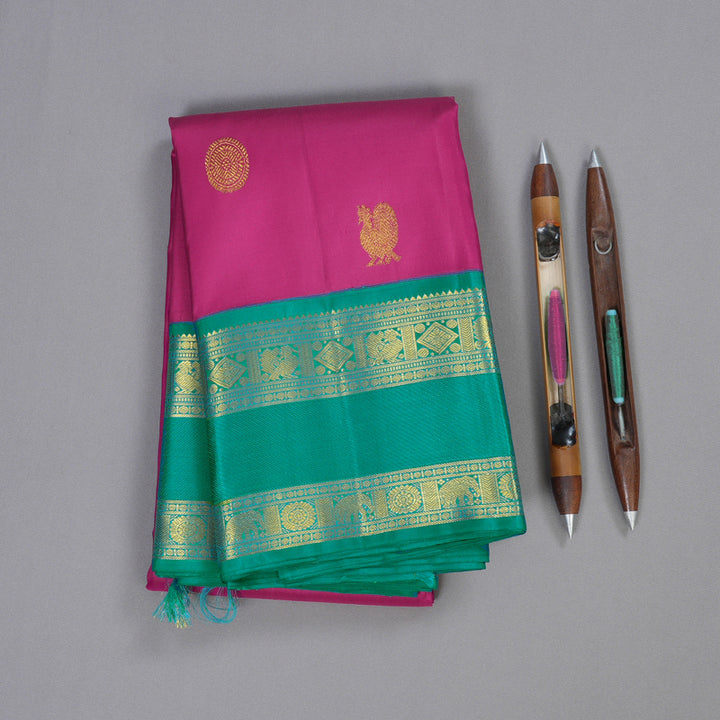 Hayagrivas Pink Handloom Kanjivaram Silk Saree with Teal Green Border BBD1314L8-1