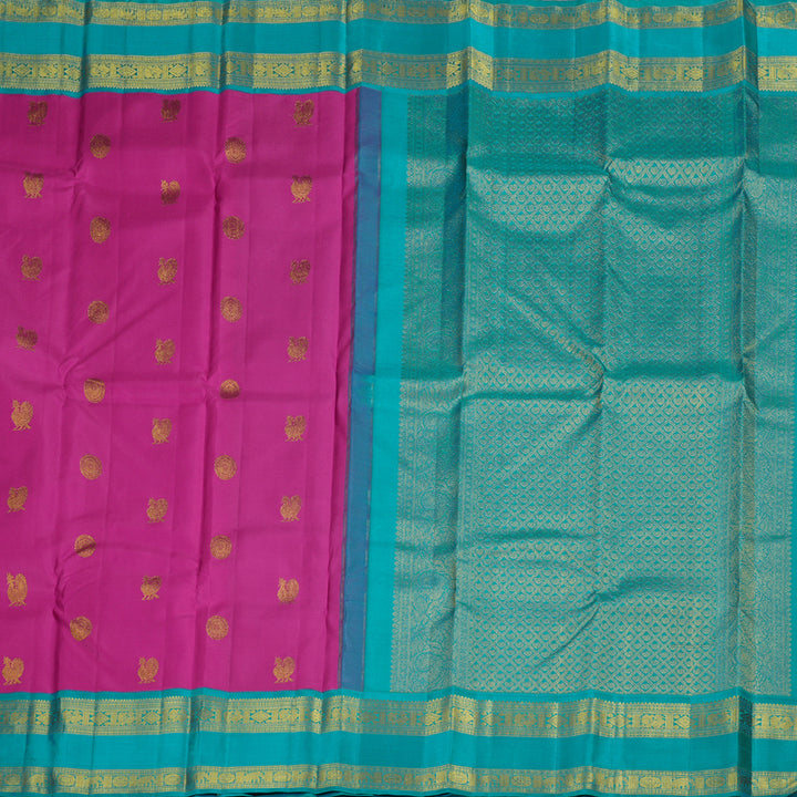 Hayagrivas Pink Handloom Kanjivaram Silk Saree with Teal Green Border BBD1314L8-1