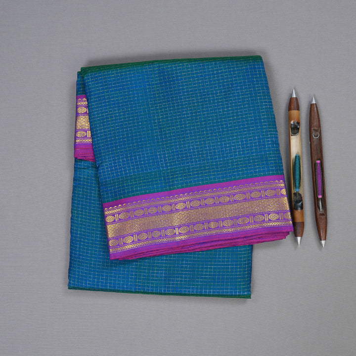 Hayagrivas Peacock Blue Handloom Kanjivaram Ten Yards Silk Saree with Purple Border BBD1315L3-2