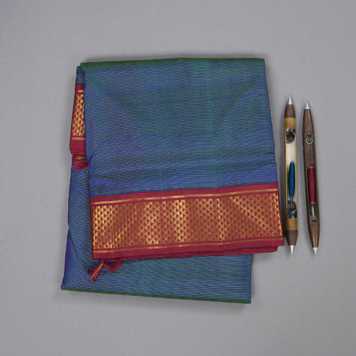 Hayagrivas Peacock Blue Handloom Kanjivaram Ten Yards Silk Saree with Maroon Border BBD1315L8-1