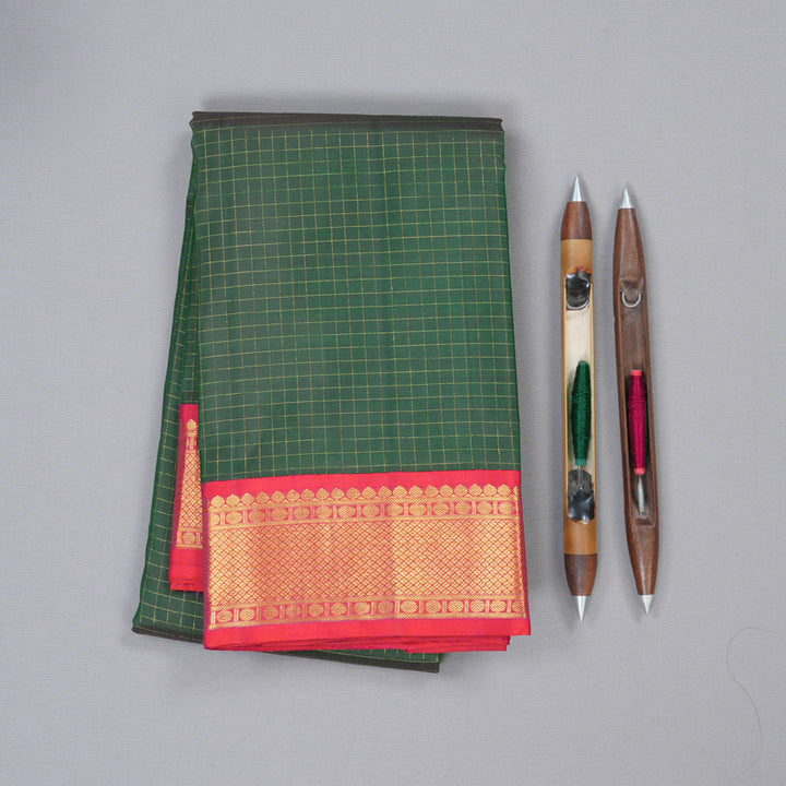 Hayagrivas Bottle Green Handloom Kanjivaram Silk Saree with Reddish Pink Border BBD1316L7-1