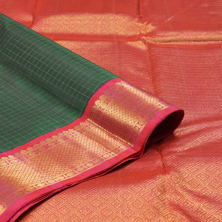 Hayagrivas Bottle Green Handloom Kanjivaram Silk Saree with Reddish Pink Border BBD1316L7-1