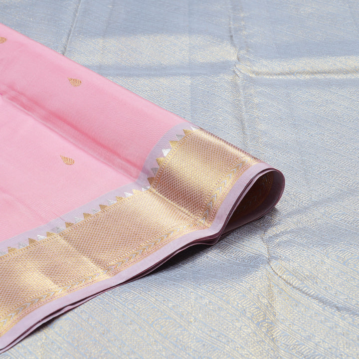 Hayagrivas Rose Pink Handloom Kanjivaram Silk Saree with Silver Grey Border BBD1322L1-1