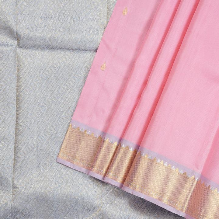 Hayagrivas Rose Pink Handloom Kanjivaram Silk Saree with Silver Grey Border BBD1322L1-1