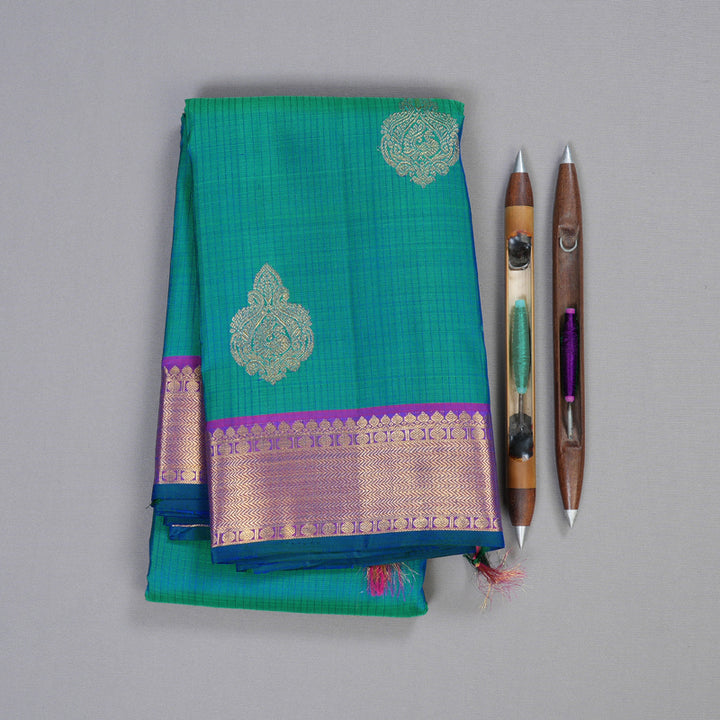 Hayagrivas Peacock Blue Handloom Kanjivaram Silk Saree with Purple Border BBD1324L1-2