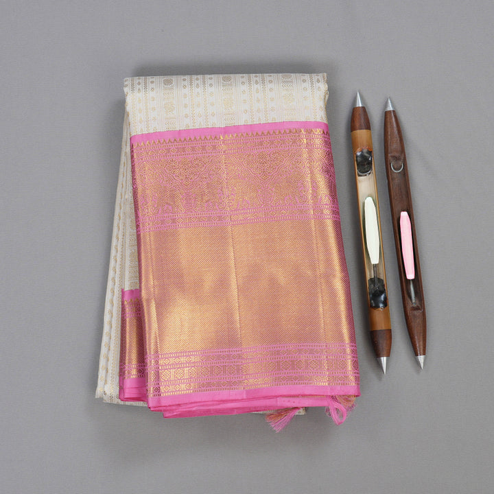 Hayagrivas Half White Handloom Kanjivaram Silk Saree with Rose Pink Border BBD1327L12-1