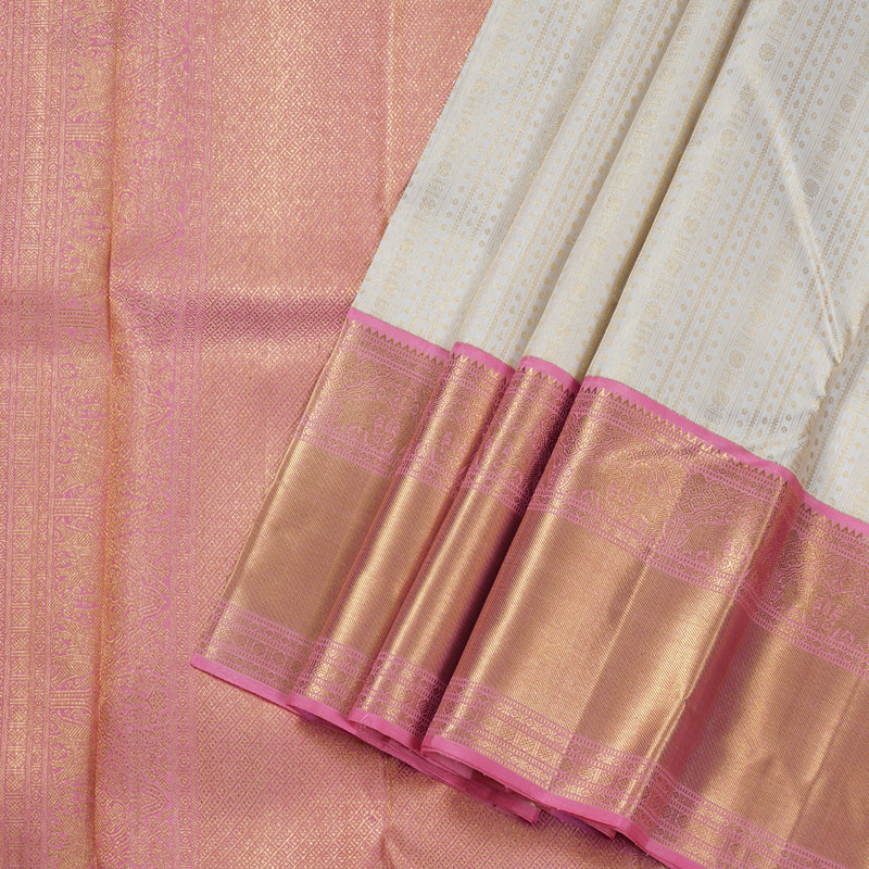 Hayagrivas Half White Handloom Kanjivaram Silk Saree with Rose Pink Border BBD1327L12-1