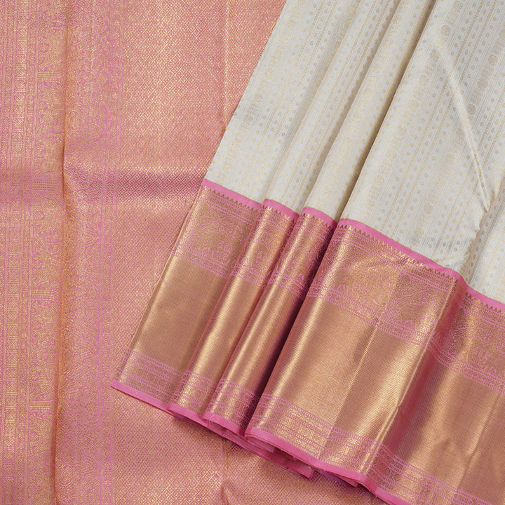 Hayagrivas Half White Handloom Kanjivaram Silk Saree with Rose Pink Border BBD1327L12-1