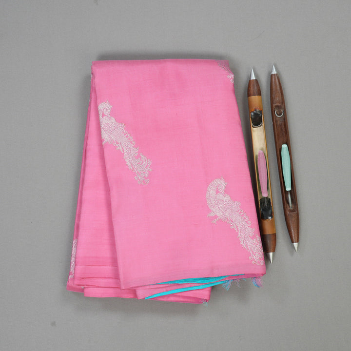 Hayagrivas Handloom Kanjivaram silk saree in Mild pink with sky blue Borderless BBD1327L21-1