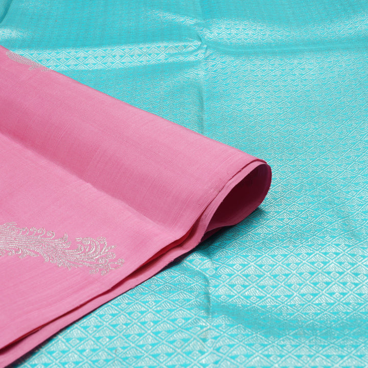 Hayagrivas Handloom Kanjivaram silk saree in Mild pink with sky blue Borderless BBD1327L21-1
