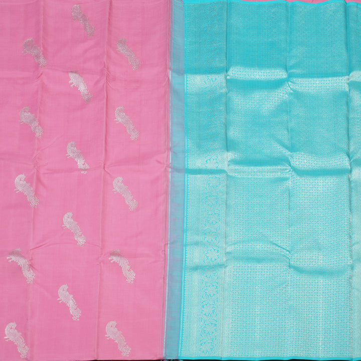 Hayagrivas Handloom Kanjivaram silk saree in Mild pink with sky blue Borderless BBD1327L21-1