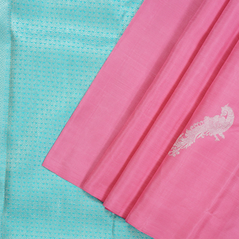Hayagrivas Handloom Kanjivaram silk saree in Mild pink with sky blue Borderless BBD1327L21-1