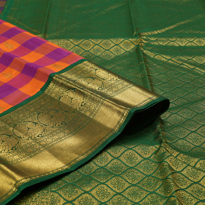 Hayagrivas Multi Color Checks Handloom Kanjivaram Silk Saree with Bottle Green Border BBD1327L25-1