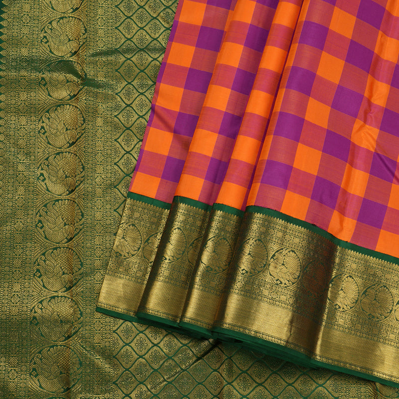 Hayagrivas Multi Color Checks Handloom Kanjivaram Silk Saree with Bottle Green Border BBD1327L25-1