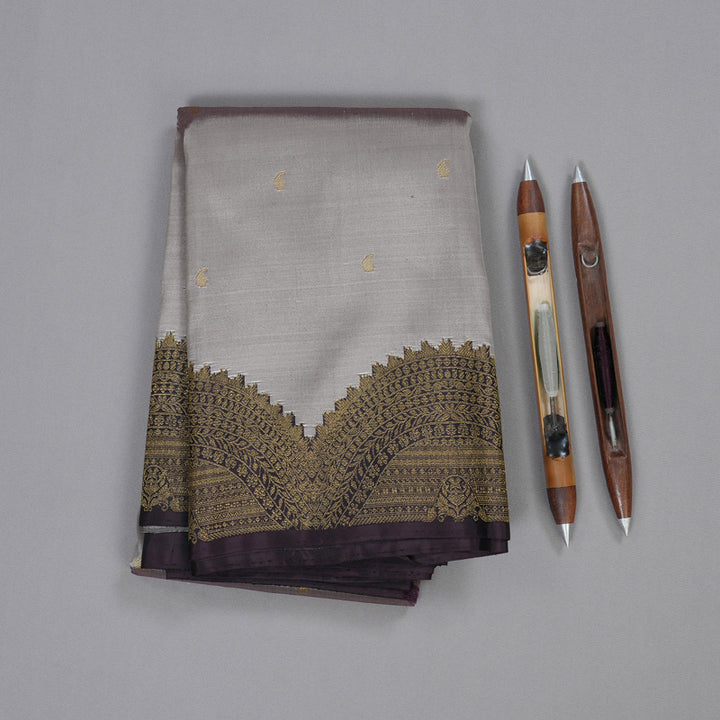 Hayagrivas Grey Handloom Kanjivaram Silk Saree with Plum Purple Border BBD1330L3-1