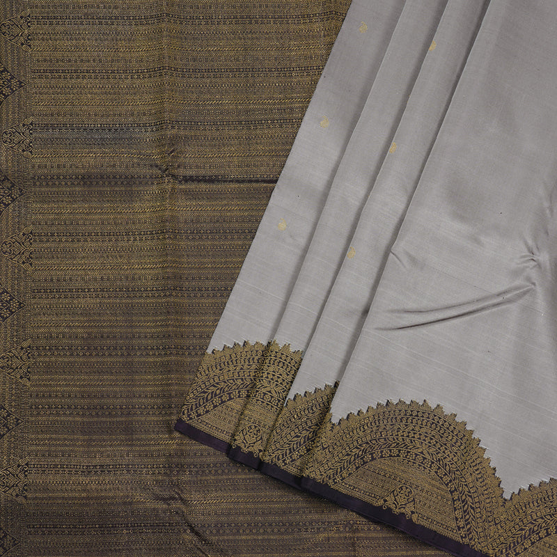 Hayagrivas Grey Handloom Kanjivaram Silk Saree with Plum Purple Border BBD1330L3-1