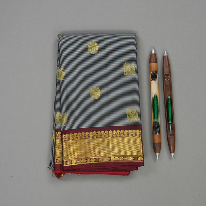 Hayagrivas Handloom Black & Grey Stripes Kanjivaram Silk Saree with Araku Maroon Border BBD1335L2-1