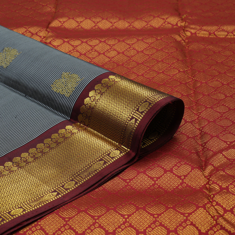 Hayagrivas Handloom Black & Grey Stripes Kanjivaram Silk Saree with Araku Maroon Border BBD1335L2-1