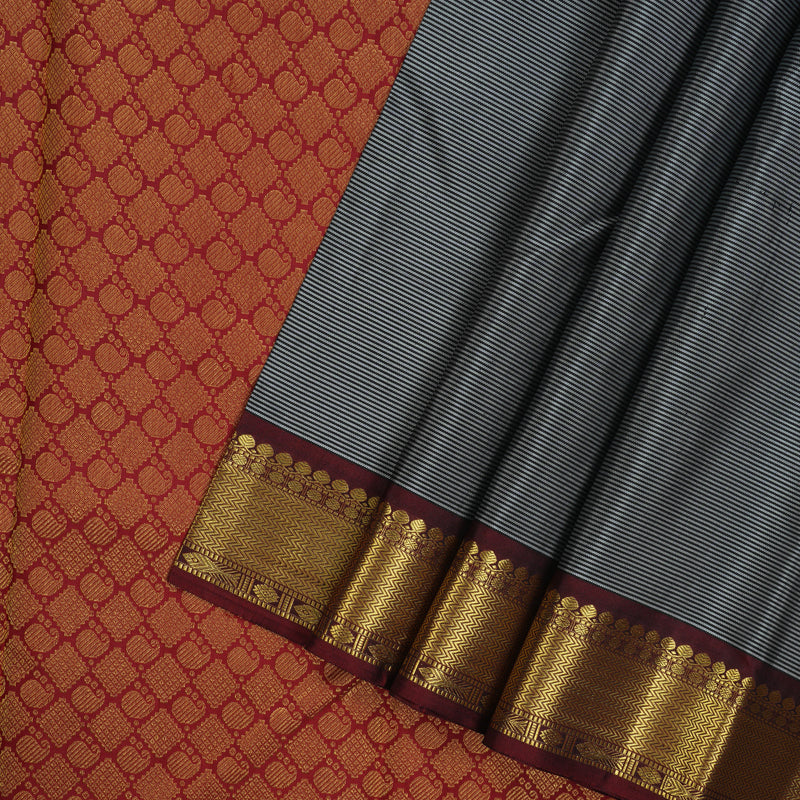 Hayagrivas Handloom Black & Grey Stripes Kanjivaram Silk Saree with Araku Maroon Border BBD1335L2-1