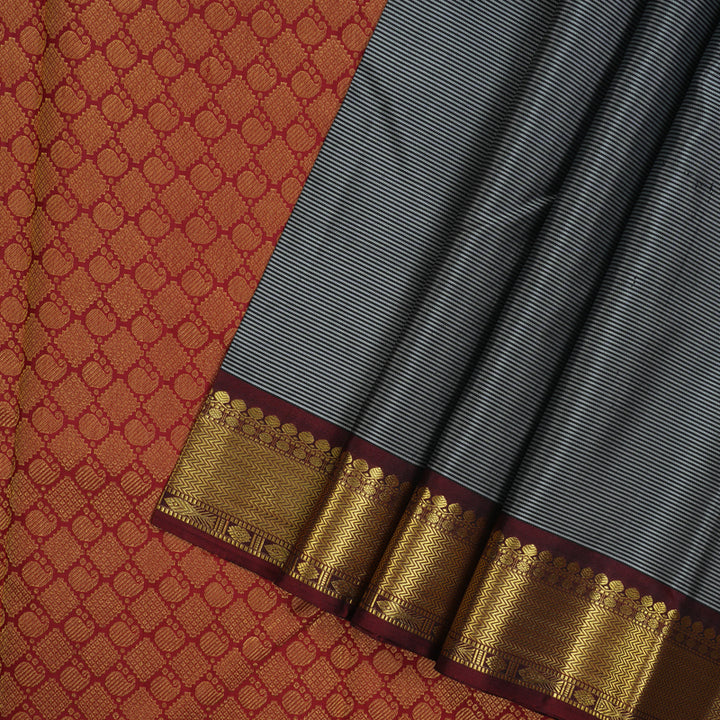 Hayagrivas Handloom Black & Grey Stripes Kanjivaram Silk Saree with Araku Maroon Border BBD1335L2-1