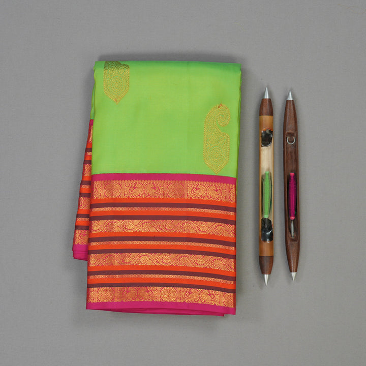 Hayagrivas Handloom Fluorescent Green Kanjivaram Silk Saree with Rani Pink Border BBD1340L1-2