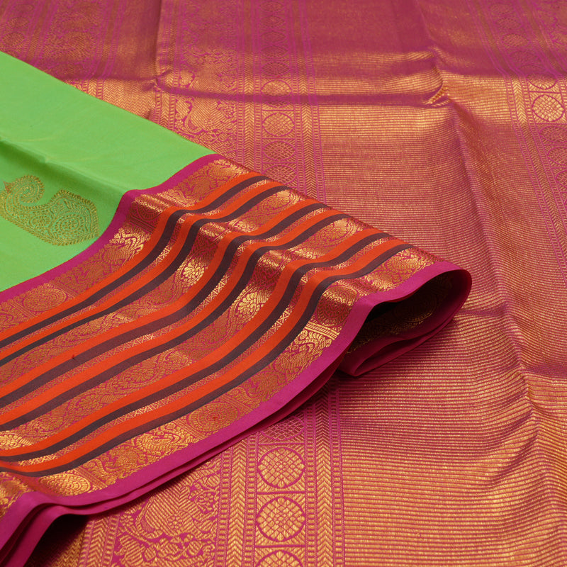 Hayagrivas Handloom Fluorescent Green Kanjivaram Silk Saree with Rani Pink Border BBD1340L1-2