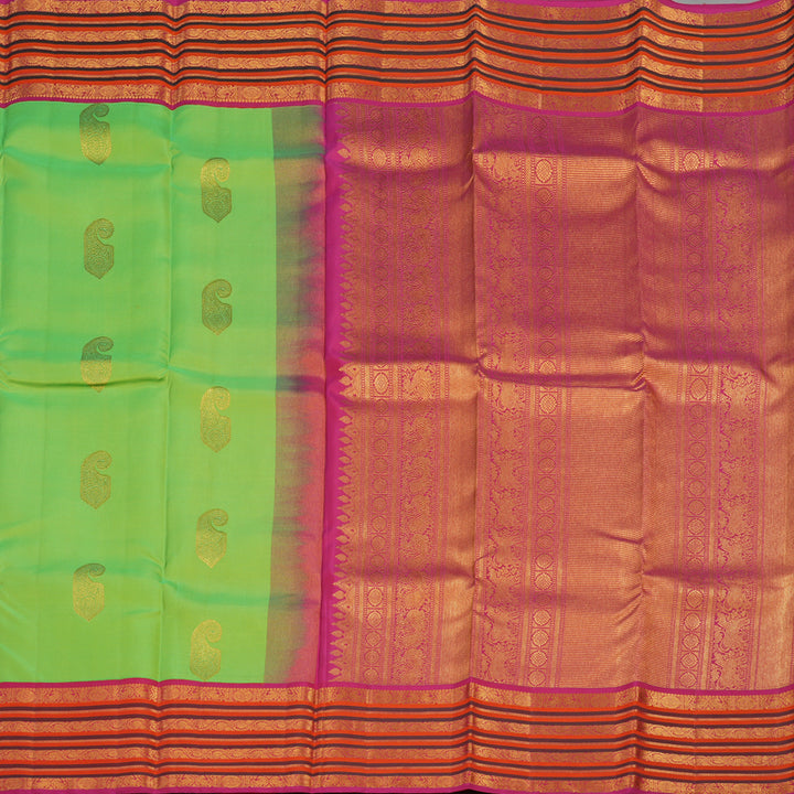 Hayagrivas Handloom Fluorescent Green Kanjivaram Silk Saree with Rani Pink Border BBD1340L1-2