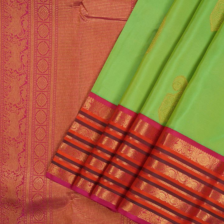 Hayagrivas Handloom Fluorescent Green Kanjivaram Silk Saree with Rani Pink Border BBD1340L1-2