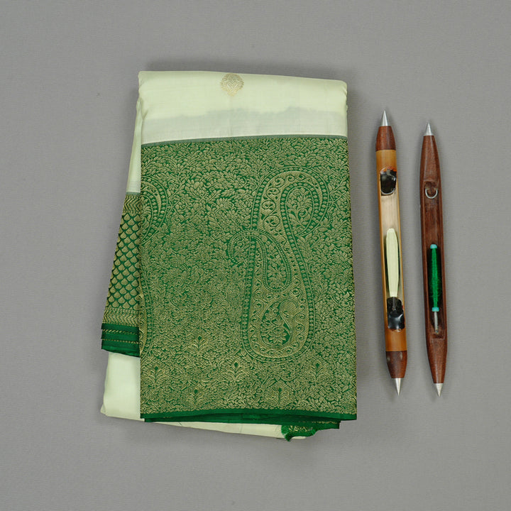 Hayagrivas Half White Handloom Kanjivaram Silk Saree with Bottle Green Border BBD1341L15-1