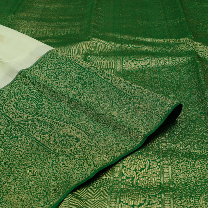 Hayagrivas Half White Handloom Kanjivaram Silk Saree with Bottle Green Border BBD1341L15-1