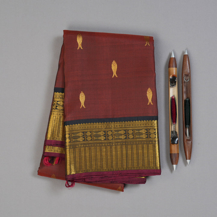 Hayagrivas Rust Handloom Kanjivaram Silk Saree with Black Border BBD1342L1-1
