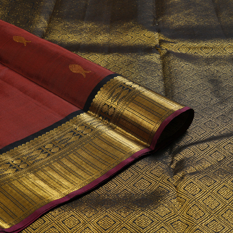 Hayagrivas Rust Handloom Kanjivaram Silk Saree with Black Border BBD1342L1-1