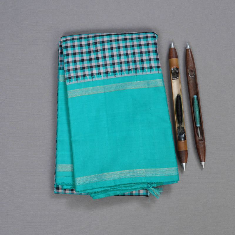 Hayagrivas Multi Color Checks Handloom Kanjivaram Silk Saree with Sky Blue Border BBD1344L3-1