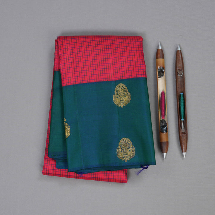 Hayagrivas Redish Pink Handloom Kanjivaram Silk Saree with Peacock Blue Border BBD1352L7-1