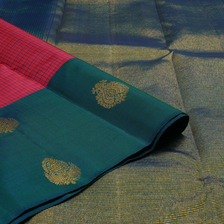 Hayagrivas Redish Pink Handloom Kanjivaram Silk Saree with Peacock Blue Border BBD1352L7-1