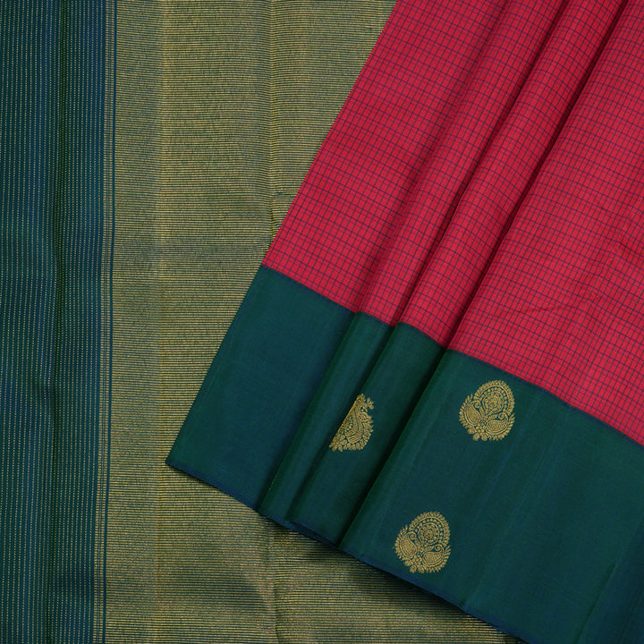 Hayagrivas Redish Pink Handloom Kanjivaram Silk Saree with Peacock Blue Border BBD1352L7-1