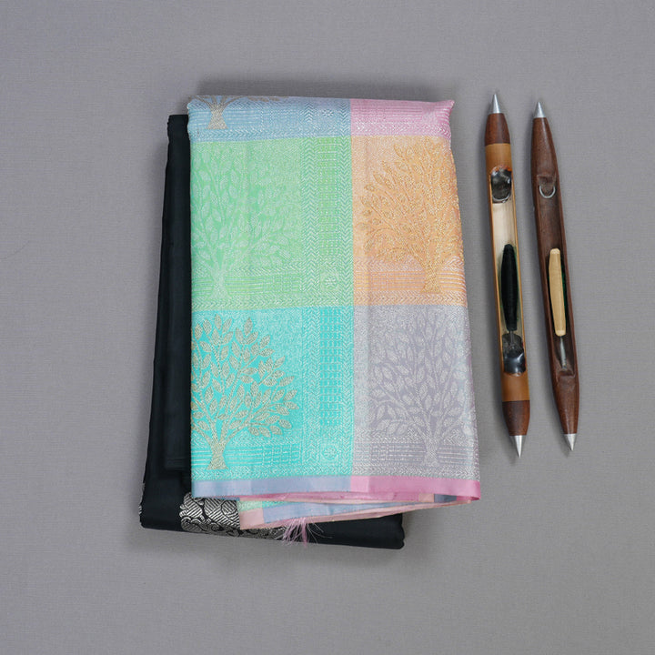 Hayagrivas Black Handloom Kanjivaram Silk Saree with Pastel Multicoloured Checked Border BBD1358L1-1