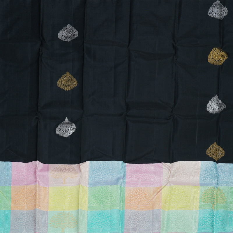 Hayagrivas Black Handloom Kanjivaram Silk Saree with Pastel Multicoloured Checked Border BBD1358L1-1