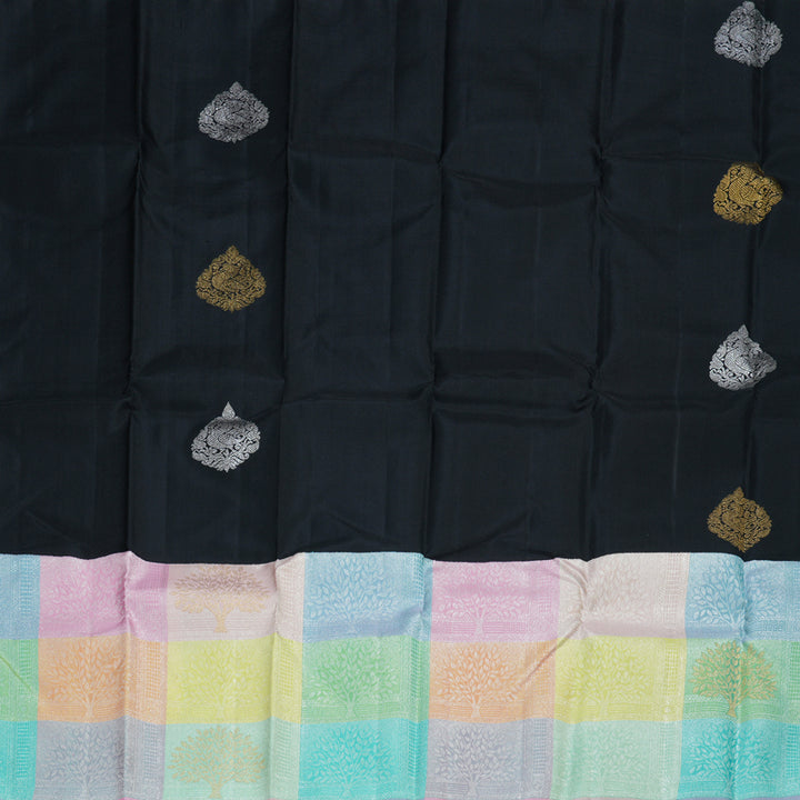 Hayagrivas Black Handloom Kanjivaram Silk Saree with Pastel Multicoloured Checked Border BBD1358L1-1