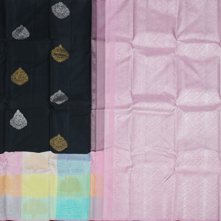 Hayagrivas Black Handloom Kanjivaram Silk Saree with Pastel Multicoloured Checked Border BBD1358L1-1