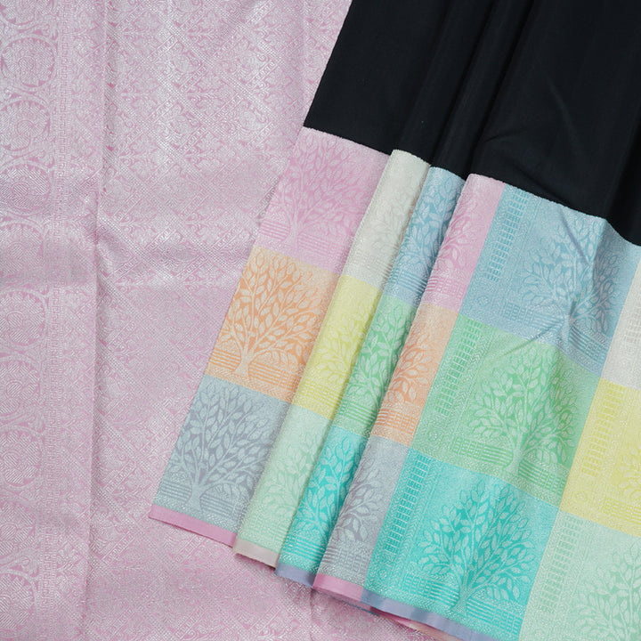 Hayagrivas Black Handloom Kanjivaram Silk Saree with Pastel Multicoloured Checked Border BBD1358L1-1