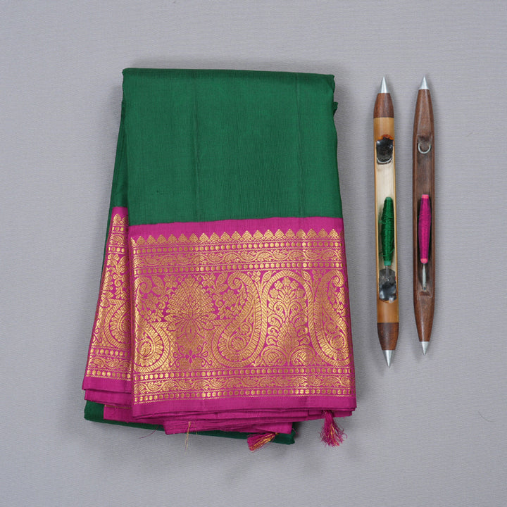 Hayagrivas Bottle Green Handloom Kanjivaram Silk Saree with Dark Pink Border BBD1361L1-1