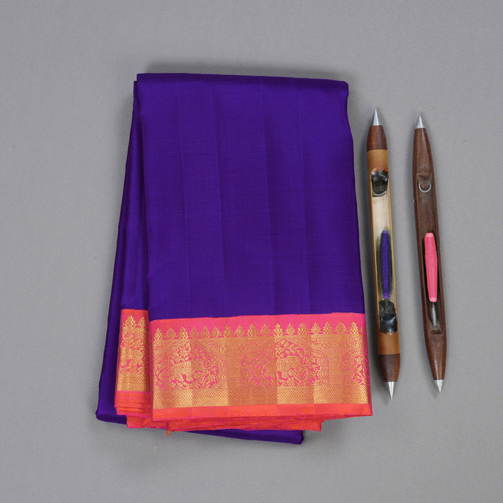 Hayagrivas Blue Handloom Kanjivaram Silk Saree with Coral Pink Border BBD1361L2-1