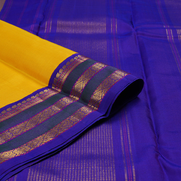 Hayagrivas Mustard Yellow Handloom Kanjivaram Silk Saree with Blue Border BBD1366L9-1