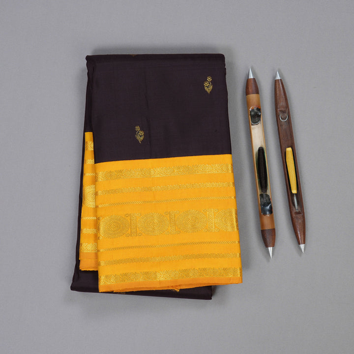 Hayagrivas Dark Brown Handloom Kanjivaram Silk Saree with Mustard Border BBD1370L3-3